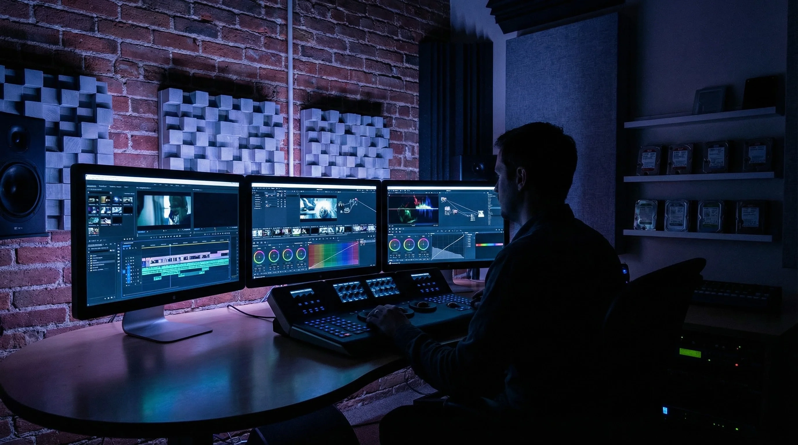 专业电影后期制作剪辑室多屏幕工作环境